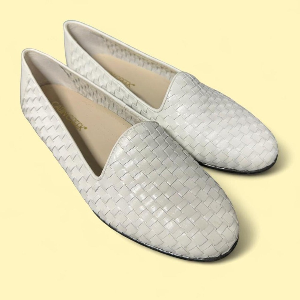 Vintage Cabin Creek Loafers 8W White Woven Leather Almond Toe Block Heel Brazil